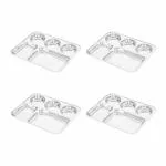 Fableart Heavy Stainless Steel 5 Compartment Rectangular Dinner Plates- Silver (34 cm), Pack of 4pcs