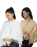 nene Breastfeeding Multi Purpose Scarf The Jersey Cotton Nursing Shawl, Breathable Breastfeeding Cover- Pack of 2 Large Size 180cmX55cm (Navy) (Grey-Skin)
