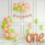 SpecialYou.in 1st Happy Birthday Theme Decoration Items for Girls and Boys with Pastel Color Lime Green & Peach Balloons, Rose Gold HBD Banner and Rose Gold ONE Foil Balloon- Set of 54pcs