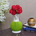 TIED RIBBONS Polyester Set of 12 Artificial Red Rose Flowesr Bunch with Vase 11.2 x 20.3 cm