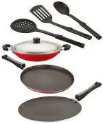 NIRLON Red Aluminium Non Stick Coated Set of Concave Tawa-28.5 cm, AppaChatti-22.5 cm, Flat Tawa-27 cm and 3 Spoon (Pack of 6)