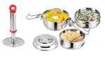 Stainless Steel Potato Potato Masher with 3 Pcs Steel Lunch Box and Multicolour, Pack of 2