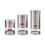 HAZEL Stainless Steel Tea Coffee Sugar Containers Airtight Lid I Ideal for Multipurpose Item Storing I Set of 3 Transparent Jars| Matt Silver, 400, 600 & 950 ML