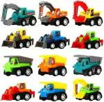 Globular 12 Pieces Construction Vehicles Toy Set, Mini Size Push and Go Crawling Truck Toy Kit Set for Kids