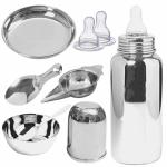 PGD Plain Silver Stainless Steel Baby Feeding Bottle with Feeder, Bowl, Idly Spoon, Spoon, Plate with 2 Silicon Nipple (0-24 months) - 200 ml
