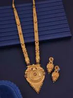 BCOMWALA JEWELS Gold Plated Traditional Necklace Set for Women - Long Design Brass Jewellery, Bridal & Wedding Necklace with Earrings, Indian Ethnic Festive Gold-Plated Jewellery, Antique Temple Kundan Meenakari Jewellery