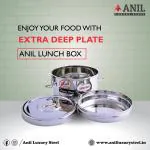 ANIL LUXURY STEEL-Meal Pack Lunch Box, StainlessSteel, Round Tiffin Box with Deep Extra plate MEDIUM