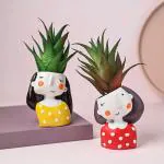 Floweraura Decorative Set Of 2 Artificial Haworthia Indoor Plants With Cute Girl Resin Pot Vase For Living Room, Balcony, Table Corner, Office/Home Decoration And Gifts For Friends, Relatives, Neighbours & Colleagues