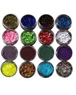 WorldWesties 16 Multicolor Nail Glitter Set Iridescent Micro Beads Tassel Flakes Stickers Confetti for Nail Art, Resin, Body, Face