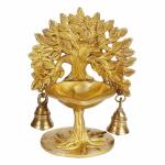 KESHTO Brass Diya Kalpavriksha Tree & Bells, Antique White, Brass Oil Lamp, Diya for Home Decor, Indian Homeware, Indian Decor