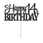 Festiko Happy 14th Birthday Cake Topper, Glitter Card In Black For Cake Decoration, Birthday, Anniversary, Engagement, Graduation