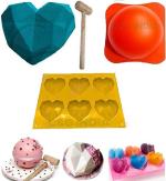 TENEZA Pinata Cake Mould Silicon Geometrical/Diamont 1 Heart Shape, 6 Cavity Heart Shape Pinata, 1 Round Pinata Mould ChocolateCake Mould with 1 Hammer (Silicone, Wood)