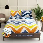 HIDECOR 250 TC Microfiber Double Printed Fitted (Elastic) Bedsheet (Pack of 1, yellow:Blue:Orange)