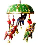 Indian Traditional Elephant Umbrella Hanging Layer of Five Elephant Door Hanging (Green)