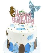 Festiko Glitter Mermaid Cake Topper, Pink Happy Birthday Cake Picks Cake Decoration Party Supplies