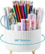 JIGSHTIAL 360 Degree Rotation Pen Holder, 5 Slots Office Desk Pen Organizer Multi-Functional Pencil Cup Makeup Brush Holder Office Business Card Pen Pencil Stationery Holder Storage Box (WHITE)