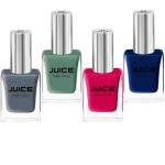 JUICE ONE COAT NAIL PAINT COMBO FLAMENCO RED - 11, GRAVEL GRAY - 27, SEA GREEN - 28, WIGGLE FINGERS - 66 LONG LASTING 11ML EACH PACK OF 4