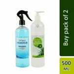 Omeo Aloe Vera Hand Sanitizer Gel Pump and Omeo Hand Rub Sanitizer Spray 500ml Combo Pack of 2