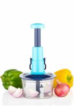 PLIZZO KITCHENWARE Polypropylene Mini Handy and Compact Chopper with 3 Blades for Effortlessly Chopping Vegetables and Fruits for Your Kitchen blue push choper, 400 ml