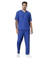 Uninur Men Royal Blue Polyester, Viscose 7 Pocket Scrub Suit (S)