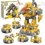 PATPAT Robot Car Transformers Toys for Kids 5 in 1 Transformer Car Toys with Sound Flash Light Assemble Engineering Truck Car Toy Pull Back Car Toys Christmas Birthday Gifts for Kids 312 Years Old Yellow