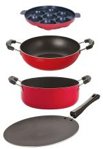Nirlon 4 pcs of Red and Black Non-stick Aluminium Dishwasher Safe Kitchen Cookware Utensil Gift Set, Standard