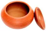 VILLAGE KRAFT Handcrafted Earthen Clay Dahi Handi, Biryani Clay Pot, Mud Cooking Pot, Dal Handi, Mitti Handi, Yogurt Bowl, Mathani Handi, for Setting/Serving with Plate- 1 L - 1 Pc - Brick Red