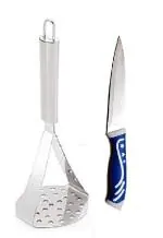 BLUE WONDER Stainless Steel Big Potato Masher With Kitchen Vegetables Cutting Heavy Knife and Multicolour, Pack of 2