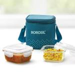 Borosil Teal Borosilicate Glass Lunch Box Set of 2 (320 ml Each) With Lunch Bag, Square, Lunchbox For Office & College, Microwave Safe, Leak Proof, Vertical
