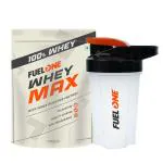 FUELONE Whey Max , Whey Protein Concentrate & Whey Protein Isolate, 27g Protein (Mango, 1kg / 2.2lb) with Shaker (Black, 500ml)