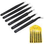 Hasthip Black Stainless Steel Tweezers Set For Electronics And Craft (Pack Of 6)