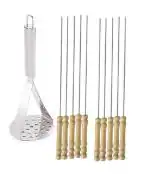 Stainless Steel Potato Masher With Wooden Sikhe Set and Multicolour, Pack of 2