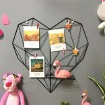 Go Hooked Creative Heart Shape Iron Grid Photo Wall Picture Display Hanging Panel Wall Photo Message Board Metal Shelves (Black)