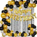 Shanaya Happy Birthday Decoration Kit Combo - 53Pcs Black Golden Silver Items Set with 2Pcs Silver Foil Curtain