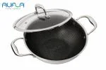 Aufla Kadhai with Glass Lid Honeycomb Non-Stick Stainless Steel, 20 cm, 1.5 litres. Induction Base