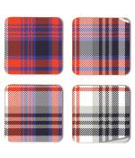 Whats Your Kick Orange Blue White Fabric Check Pattern Design Printed Set of 4 Coaster With Metal Stand