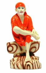 Sai Baba Sitting on stone White with Orange Chola 11 cm