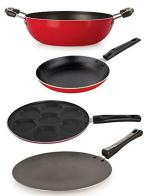 Nirlon 4 pcs of Red, Black Non-stick Coated Pot and Pans Cookware Combo Set Standard