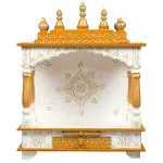 Antique Rustic Handpainted Wooden Temple for Home - Puja Mandir for Home Big Size | Home Temple | Wooden Temple | Wooden Mandir | Mandir for Home Big Size (Golden & White)