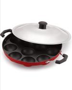DARAZ /Appam Pan/Appam Maker/Pan /litti Maker/unniyappam chatti Non Stick/ unniyappam chatti Pancake Pan Non-Stick) Paniarakkal with Lid 1 L Capacity 22 cm Diameter (Aluminium, Non-Stick) (Red)