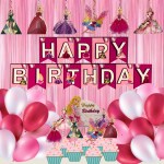 House of Banter Premium Princess Theme Birthday Decoration for Girls 57pc combo- 1pc Birthday Banner, 7pcs Birthday Cutouts, 7pcs Princess Cutouts, 40pc White, Pink & Dark Pink Balloons, 2pc Pastel Foil Curtains