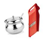 FIRST FRONT Stainless Steel Multipurpose Ghee Pot/Pickle Container with Spoon With Stainless Steel Johny Slicer Multipurpose Potato/Onion Slicer and Vegetable Slicer and Multicolour, (Pack of 2)