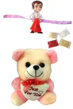 Kavim Kids Chota Bheem Soft Toy Plastic (PVC) Soft Toy Set (Friendly Toy with Love Message of Height 18 cm, Width 12 cm, 1 Roli Pack, 1 Chawal Pack, 1 Chandan Pack, Cartoon Chota Bheem Kids Rakhi with LED Light.)