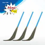 Mazic Clean Riddhi Floor Broom Stick, Indian Brush Jhadu with Long Handle, Floor Broom Made of Natural Grass No Dust Broom for Home, Kitchen, Garage, Pantry, School, and Office, (Pack of 3, Blue)