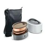 VAYA TYFFYN White Oval Shape Copper Finished Stainless Steel Lunch Box with 2-Containers and Bagmat, 600 ml
