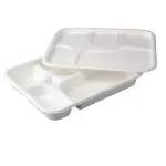 Vert-On White Sugarcane Bagasse 5 Compartments Compostable Meal Tray Natural Thali (Pack Of 50)