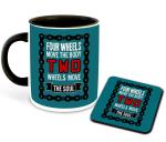 Whats Your Kick Biking Theme Motor Bike Design Printed Black Ceramic Coffee Mug with Coaster and Tea Mug 325ml