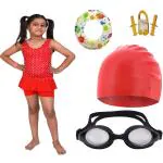 The Morning Play Girls Red Printed Swimsuit, Ring Goggle Silicone Cap Earplug and Nose Plug Set (12 to 13 Years)