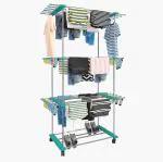 TNT The Next Trend SS Trixy Stainless Steel Clothes Stand for Drying, Cloth Drying Stand with Wheel, Rust-Proof Cloth Drying Stand for Balcony, 3 Layer, Pine Blue