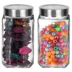 Piramal Glass Square 1000ml Clear Glass Jars for Kitchen Pantry, Snacks, Masala, Honey, Pickles, Cookies, Dry Fruits, Coffee Beans Storage with Stainless Steel Lid (Set Of 2)
